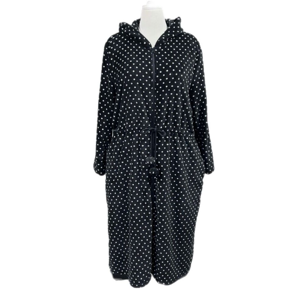 Avenue Polka Dot Hooded Zip Up Drawstring Robe Sz 18 / 20 Black